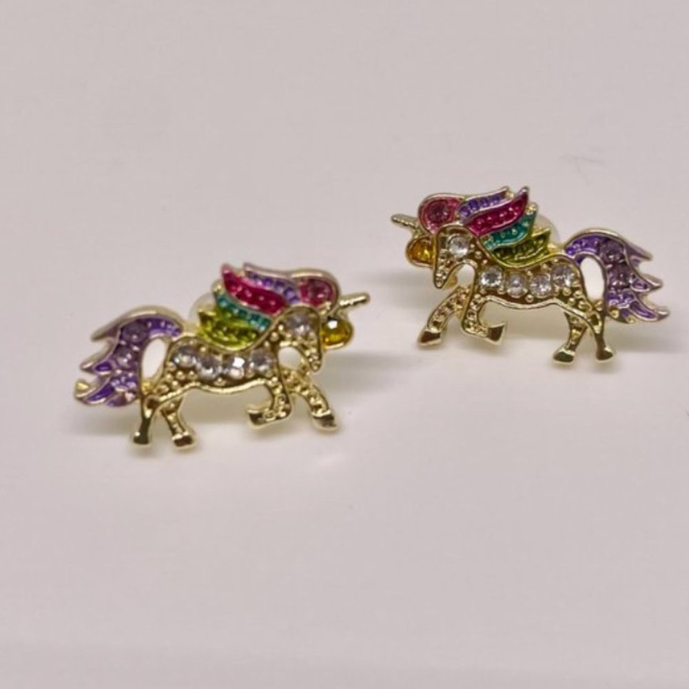 ✨ FREE Unicorn Rainbow Sparkle Rhinestone Chic Stud Kids Girly Horse Earrings